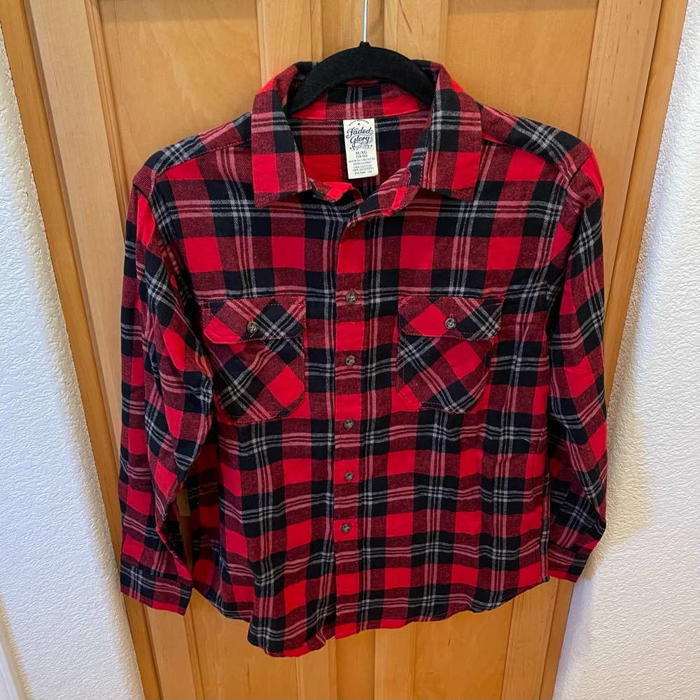 Boys Red & black flannel Faded Glory Button Up Plaid Shirt Size XL 14/16 Kids
